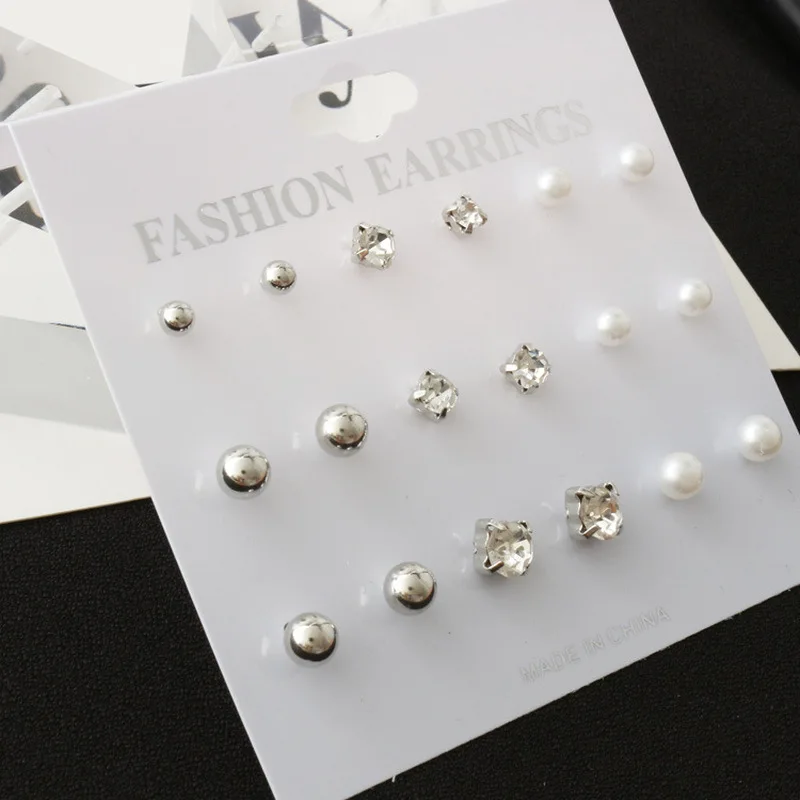 

9 Pais/set Crystal Pearl Stud Earring Geometric Small Ball Earrings for Women Wedding Accessories Elegant Golden Fashion Jewelry