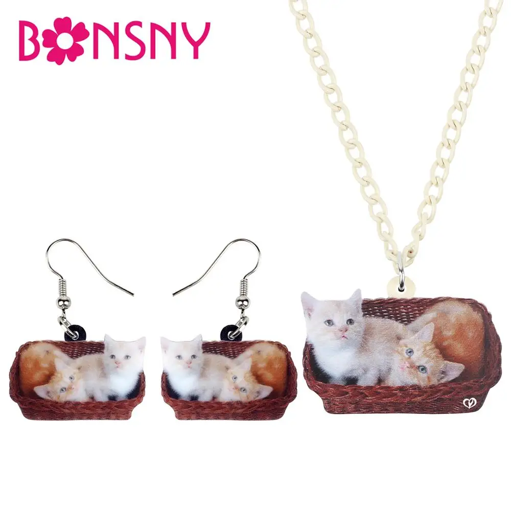 

Ожерелье и серьги Bonsny из акрила, милые Ювелирные наборы с двойным котенком, корзиной, кулоном из мультфильма для девушек, аниме, прелестный подарок
