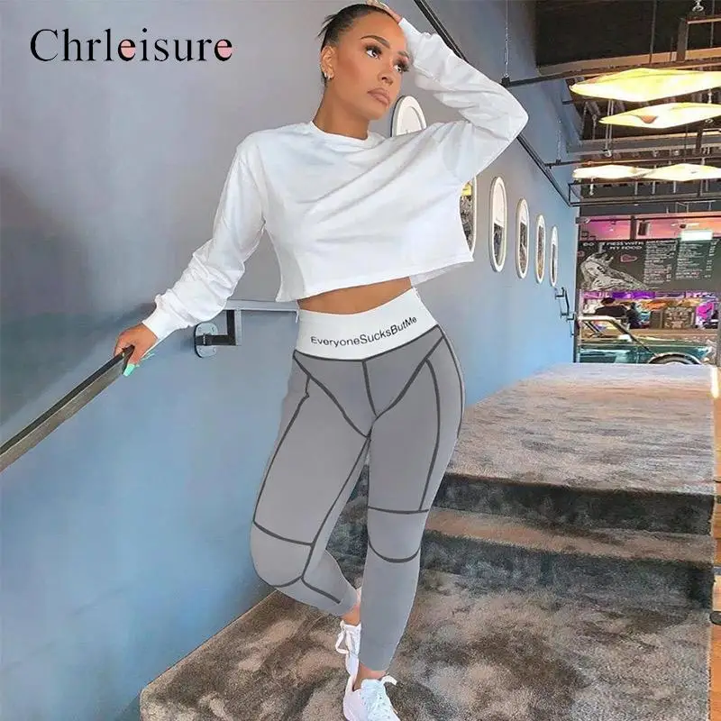 Chrleisure Фитнес Высокая талия с буквенным принтом женские леггинсы повседневные следы пуш-ап женские брюки для тренировок женские леггинсы
