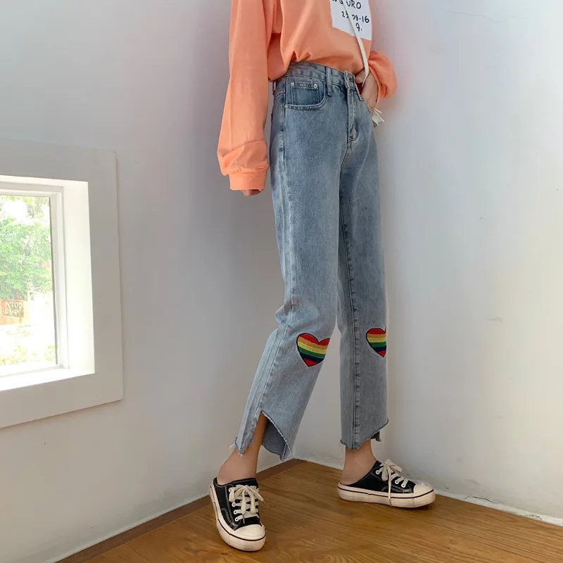 Осенние новые корейские ins Harajuku винтажные простые джинсы с вышивкой в форме сердца женские модные повседневные женские штаны с высокой талией