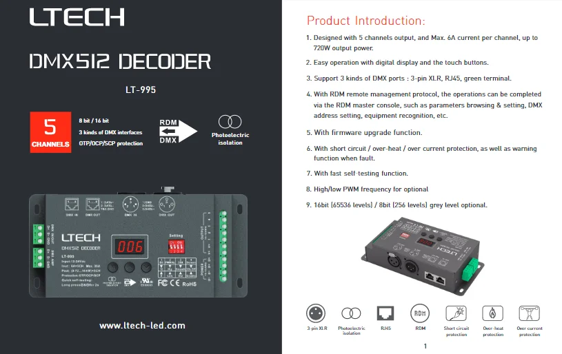 5CH DMX-PWM декодер; RGB+ CCT декодер 5 каналов DMX DecoderDC12-24V вход; 6A* 5CH XLR-3/RJ45 зеленый порт терминала
