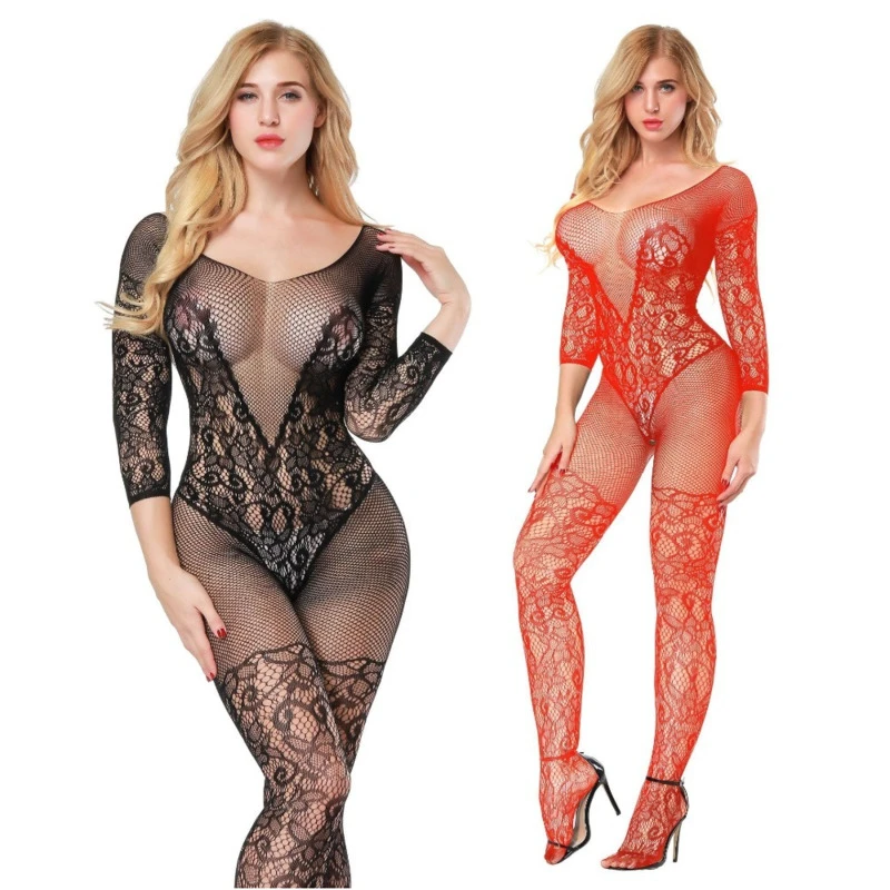 Women Underwear Sexy Lingerie Jumpsuit Open Teddy Bodysuit Hollow Mesh Suspenders Stockings