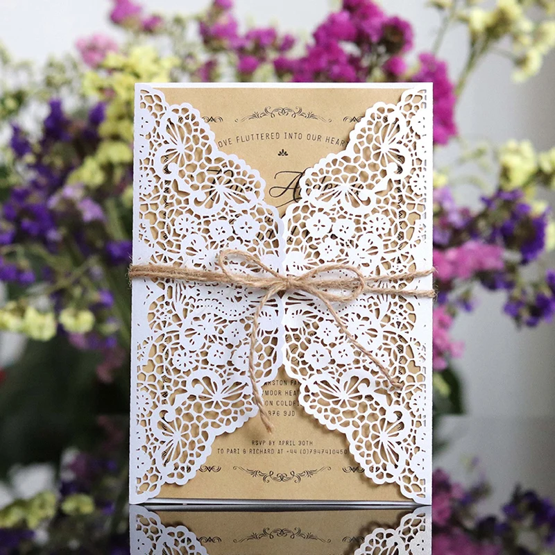  10pcs/set Wedding Invitations Floral Pattern Hollow Lace Invites Cards Bride and Groom Wedding Favo - 4.00008E+12