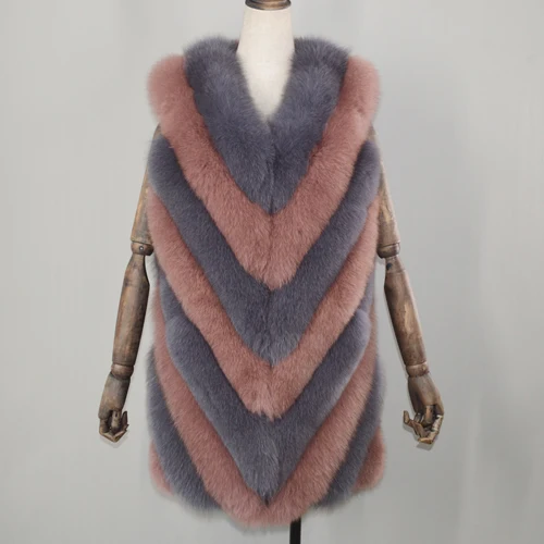 gray and pink Новинка,, женский жилет из натурального Лисьего меха, женский зимний теплый мягкий жилет на лисьем меху, пальто, мода, натуральный жилет из лисьего меха - Color: gray and pink