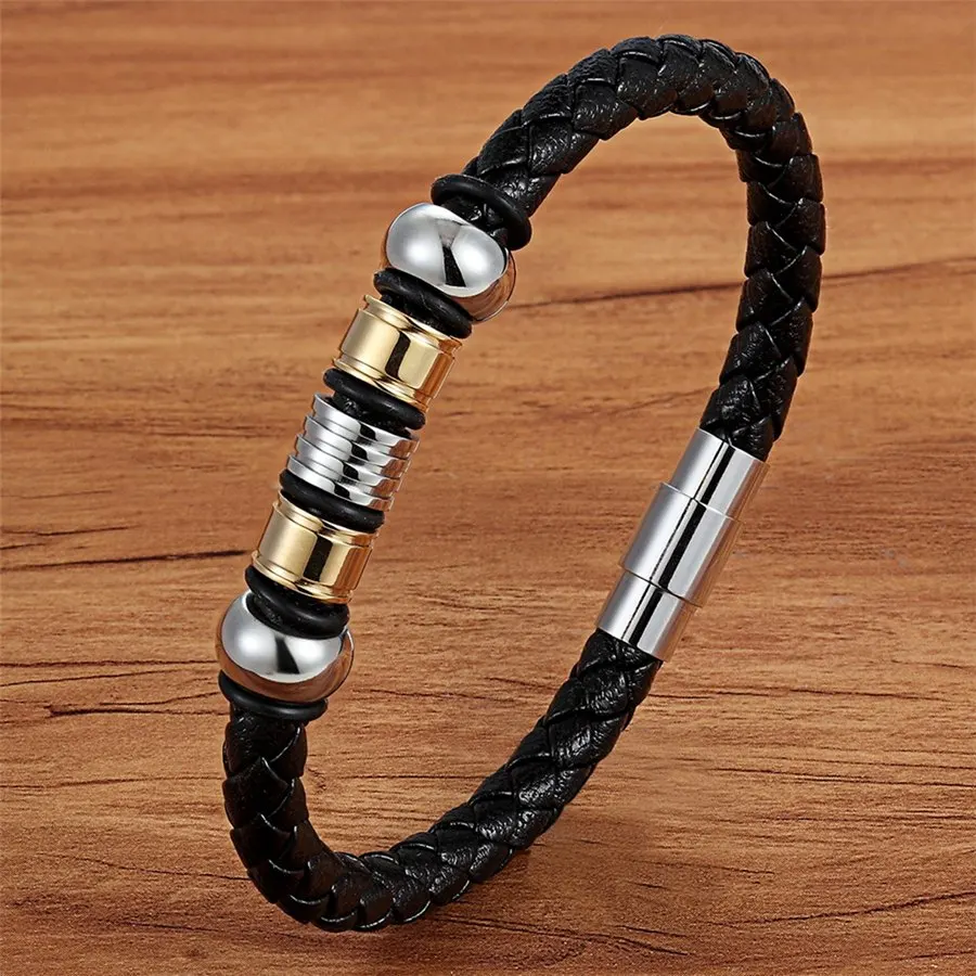 Fashion Stainless Steel Charm Magnetic Black Men Bracelet Leather Genuine Braided Punk Rock Bangles Jewelry Accessories Friend - Окраска металла: BXXG952Gold