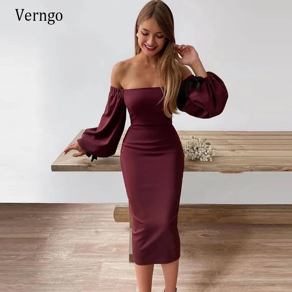Женское вечернее атласное платье Verngo, темно красное платье с широкими рукавами фонариками, без бретелек, длиной ниже колена, 2021