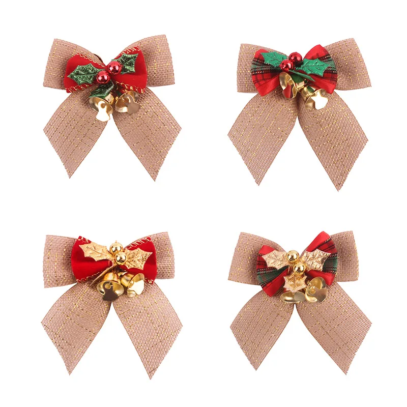 8*8cm Christmas Bow With Mini Bells Christmas Tree Grid Bowknot Ornament for Xmas New Year Party DIY Gift Wrapping Decoration 8z