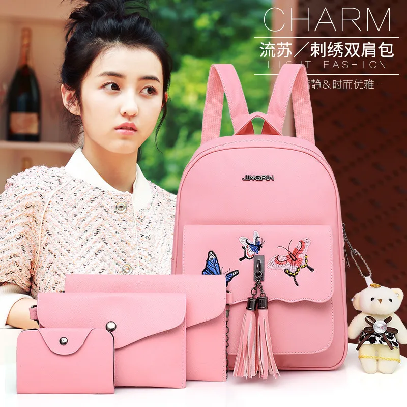 

Women's 2019 New Style Canvas Bag with Tassels Korean-style Printed WOMEN'S Backpack Four-piece Set Shoulder Bags