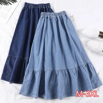 

Summer Saia Female A-Line Long Denim Skirt Pockets Women High Waist Midi Jeans Skirts Dark Blue Light Blue Plus Size Skirt