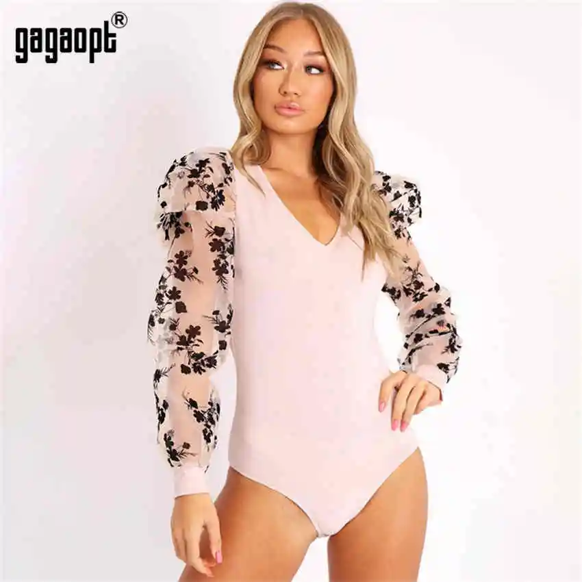 Gagaopt, Зимний цветочный кружевной боди с длинным рукавом, женский сексуальный боди с v-образным вырезом, Черный боди, комбинезон, комбинезоны, уличная одежда - Цвет: Розовый