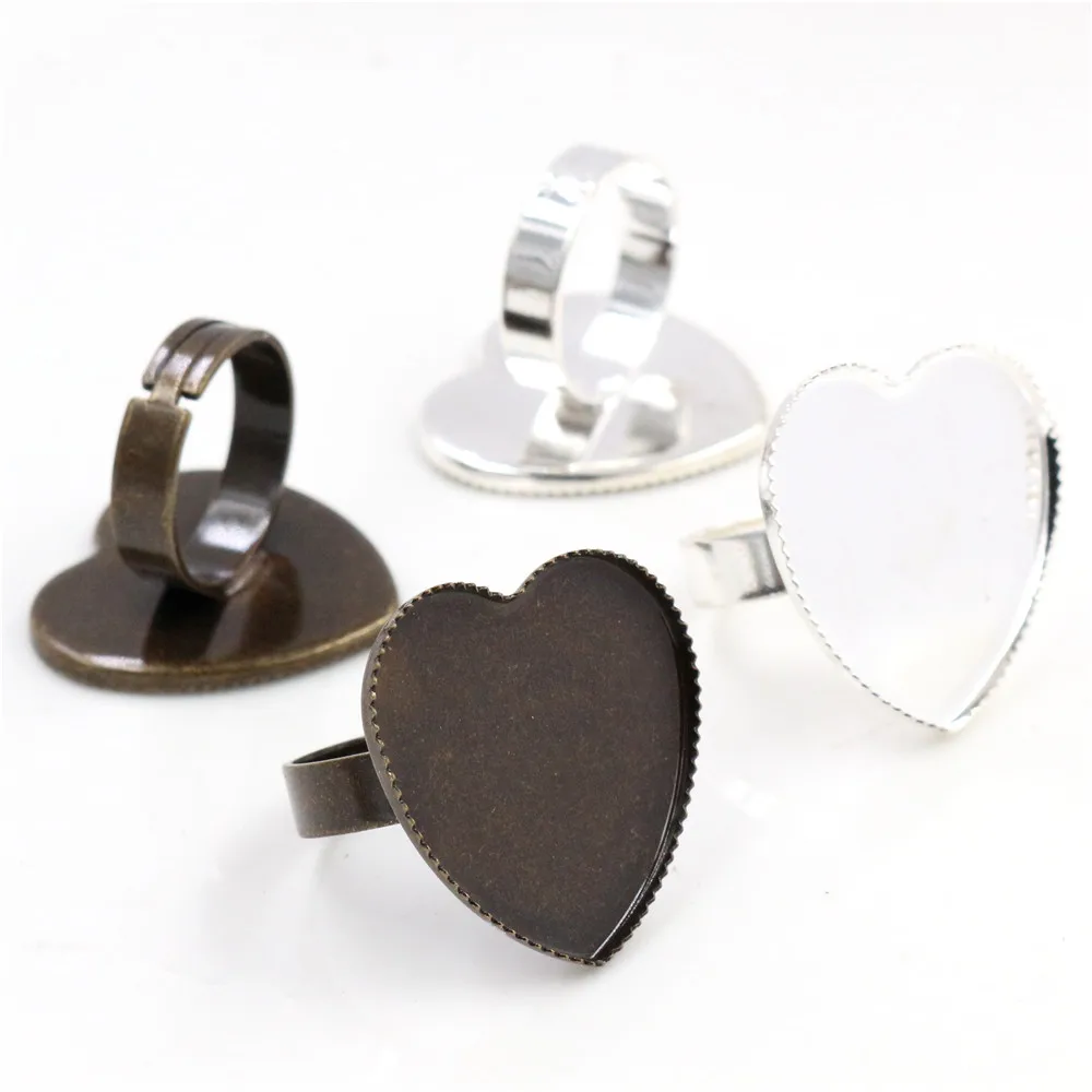 25mm 5pcs Bronze/Silver Plated Heart Style Adjustable Ring Settings Blank/Base Fit Glass Cabochons ButtonsRing Bezels | Украшения и