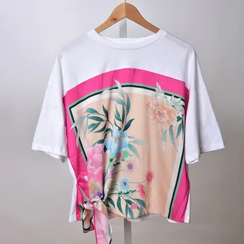 

2020 New Flowers Print Women T Shirt O-neck Cotton Summer Waist Tie Ribbon Ladies Tee Top Female T-shirts
