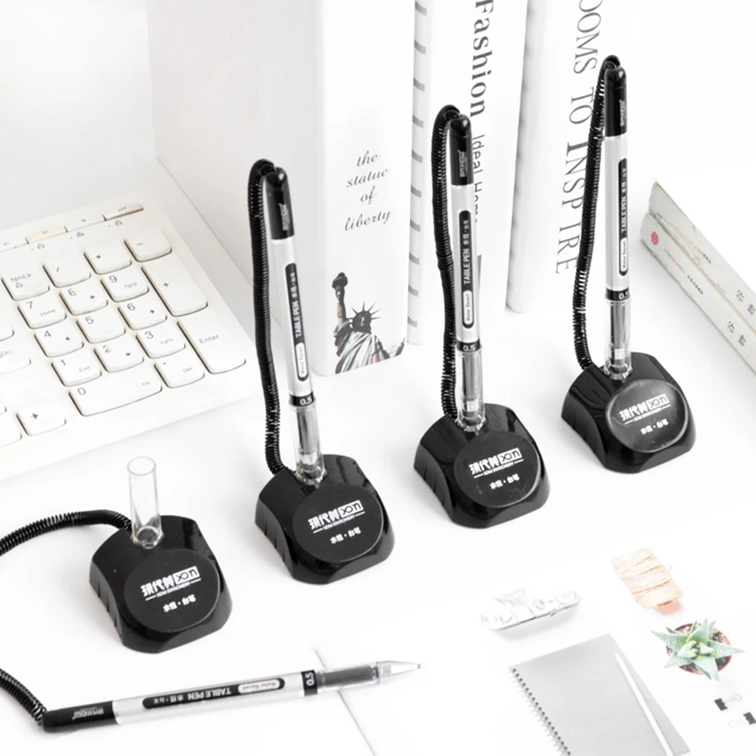

0.5mm Gel Pen with Self-Adhesive Holder, Elastic Coil, Visible Black Ink, Desktop Gel Pen for Signing Office, Information Desk