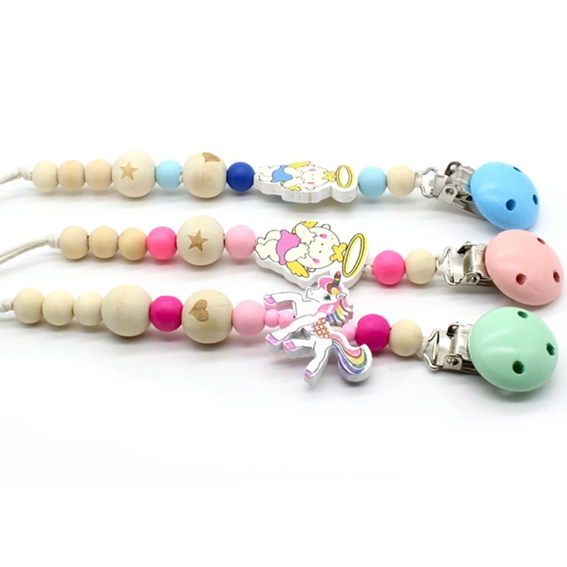 

Baby Pacifier Clip Chain Wooden Beads Soother Teether Pacifier Clips Cute Unicorn Nipple Holder For Infant Feeding