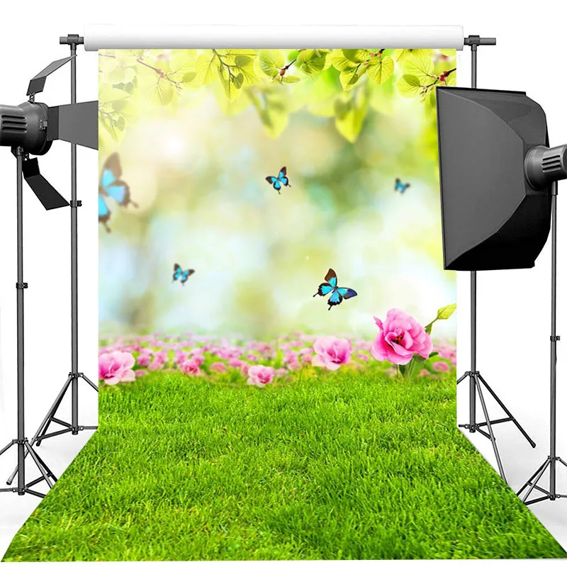 Musim Semi Bunga Merah Latar Belakang Rumput Hijau Kupu Kupu Hitam Biru Latar Belakang Untuk Foto Studio Ulang Tahun Anak Latar Belakang Fotografi Background Aliexpress