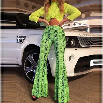 

Neon Fluorescence Green Snake Print Flare Leggings 2019 Autumn Winter Women Fashion Sexy Bodycon Trousers Party Club Pants M0093