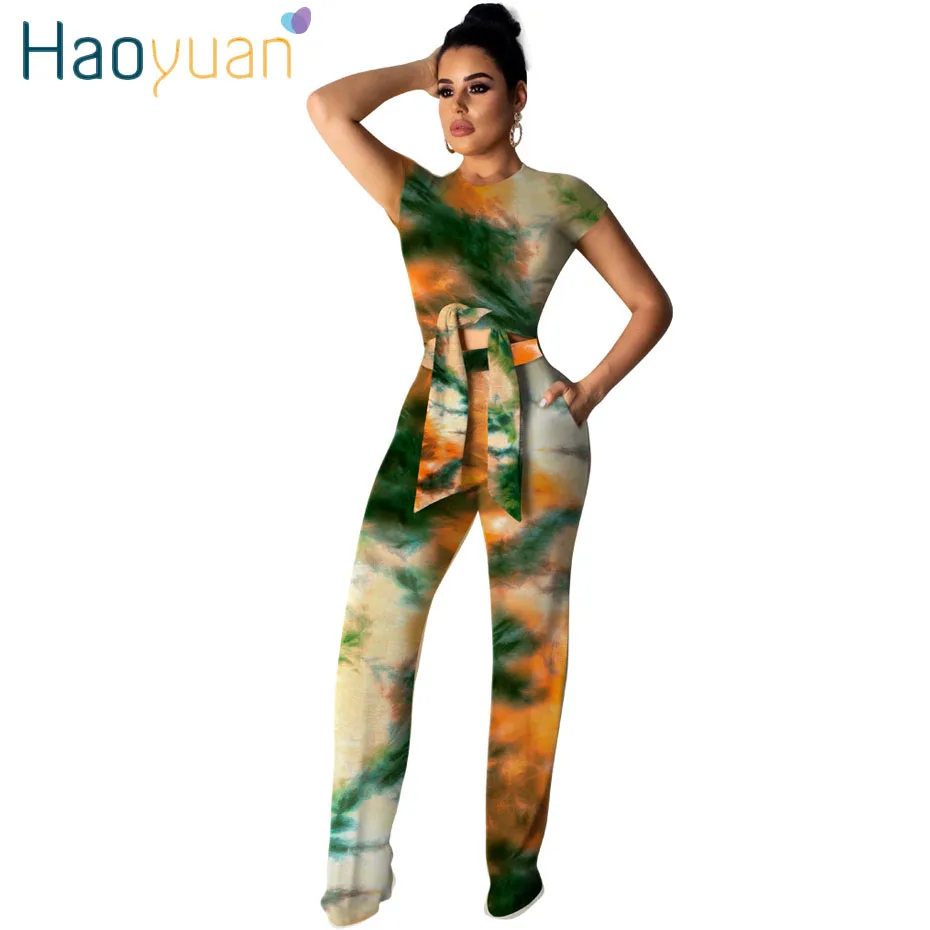 HAOYUAN, сексуальный женский комплект 2 шт. топ с коротким рукавом и широкими штанинами, летняя одежда, комплект из двух предметов, клубная одежда