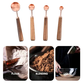 

4 pcs/ Set Wooden Handle Stainless Steel Copper Plated Baking Tool Rose Gold Measuring Spoon with Scale with Thickened