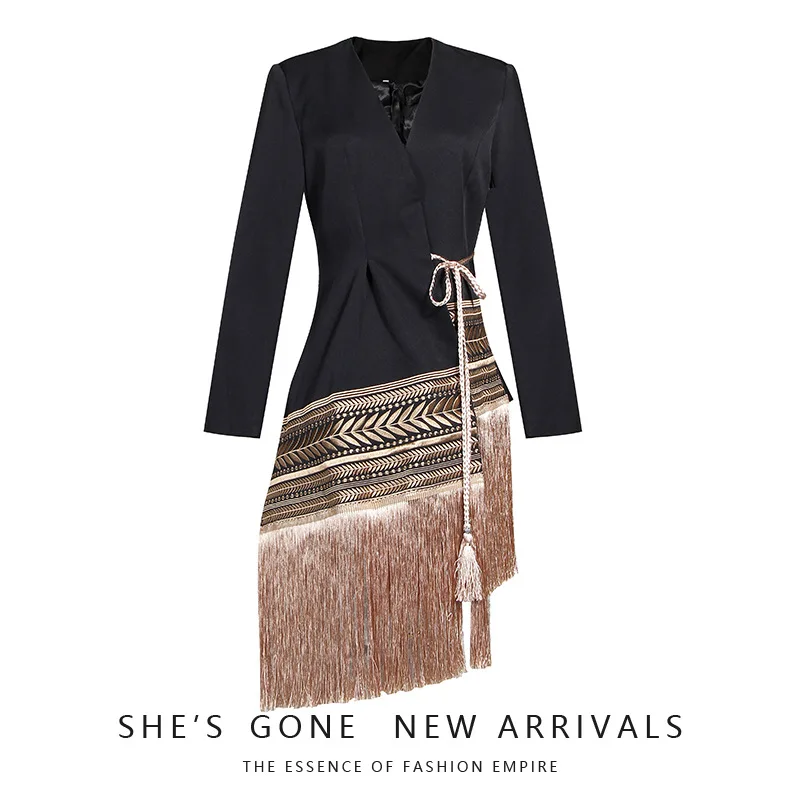

Europe And America Big Brand Debutante Elegant Machine Embroidery Jacquard Irregular Hem Tassels Side Waist Hugging Slimming Sma