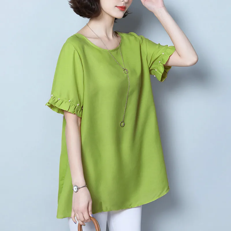 

6XL Plus Size Women Blouses New Summer Ruffle Bead Short Sleeve Fashion Chiffon Shirt Office Ladies Tops Oversize Blouse Blusas
