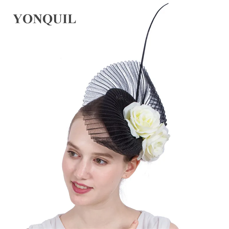 

Sinamay Black Wedding Fascinator Base Hat Headband With Ivory Silk Flower High-End Hair Clip Ladies Wedding Cocktail Hats SYF140