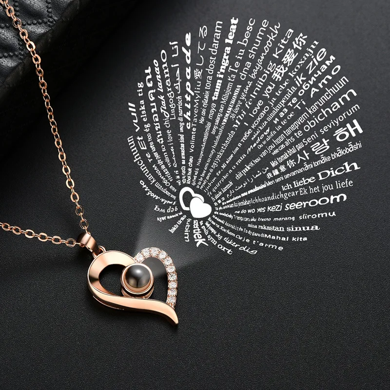 ihuoshang Rose Gold Silver 100 Languages I Love You Projection Pendant Necklace Wedding Necklace ihuoshang Rose Gold Silver 100 Languages I Love You Projection Pendant Necklace Wedding Necklace