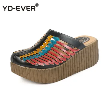 

2020 Summer Shoes Female Slippers Closed Toes Hollow Out Handmade Thick Heels Genuine Leather Women Platform Wedges Slides