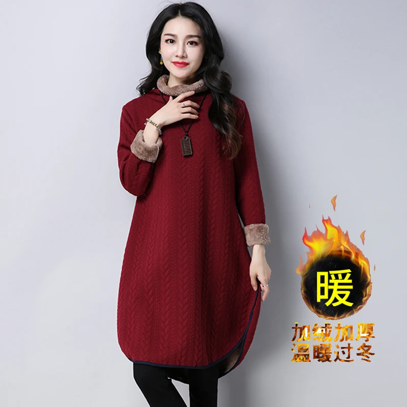 Women's winter dress 2019 High collar A-line Thicken velvet plus-size Fashion Retro keep warm loose casual | Женская одежда