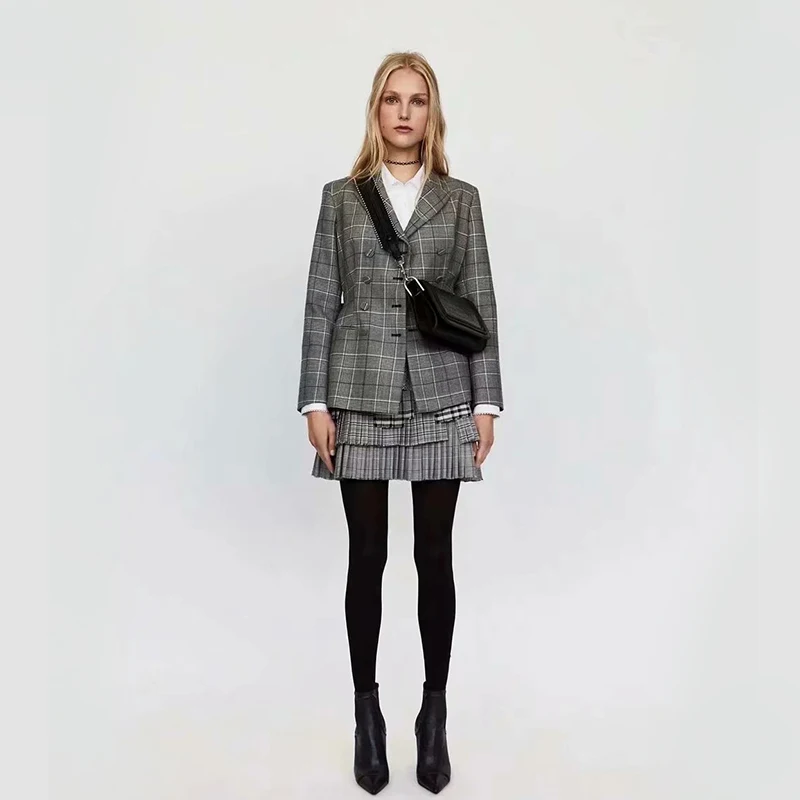 Ladyfirsy ZA блейзеры винтажные двубортные клетчатые женские куртки с карманами Женская Офисная Элегантная модная новая верхняя одежда