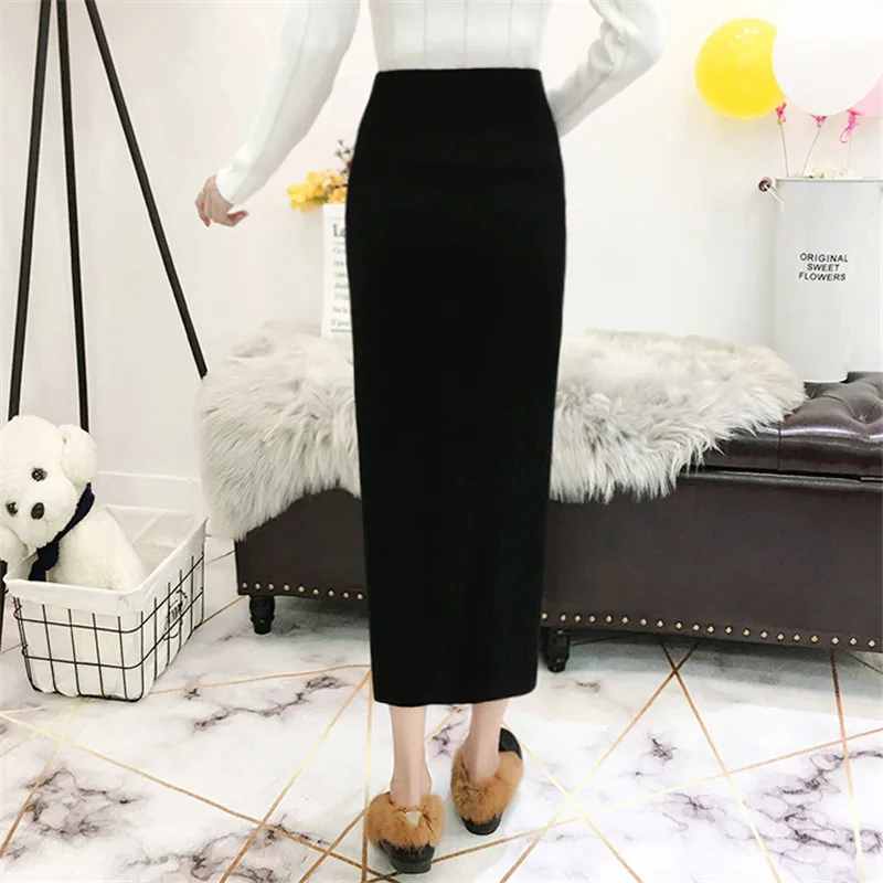 Autumn Winter Front Splited Women Knitted Long Skirt Beading High Waist Knitting Pencil Skirts One Step Lady Mid-Calf Saias Gray