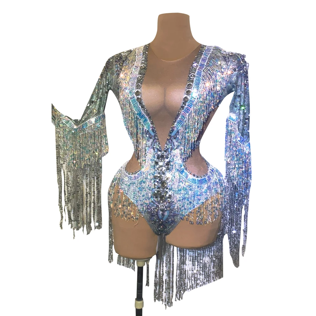 Fashion Silver Rhinestone Sequins Tassel Party Bodysuit Women Sexy Stretch Crystal Fringes Leotard Club Dancer Stage Costumes |