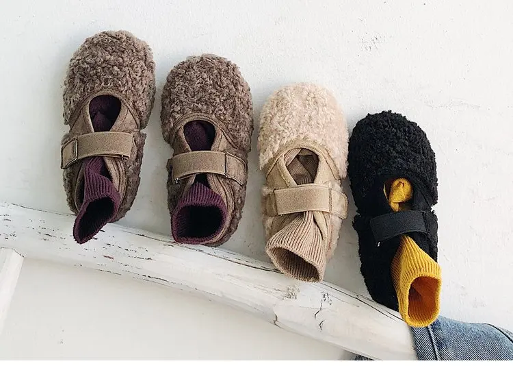 Black Winter Kid's Shoes Boots Hook& Loop Solid Round Toe Casual Neutral Flat Heels Flock Non-slip TL-16 - Color: Black