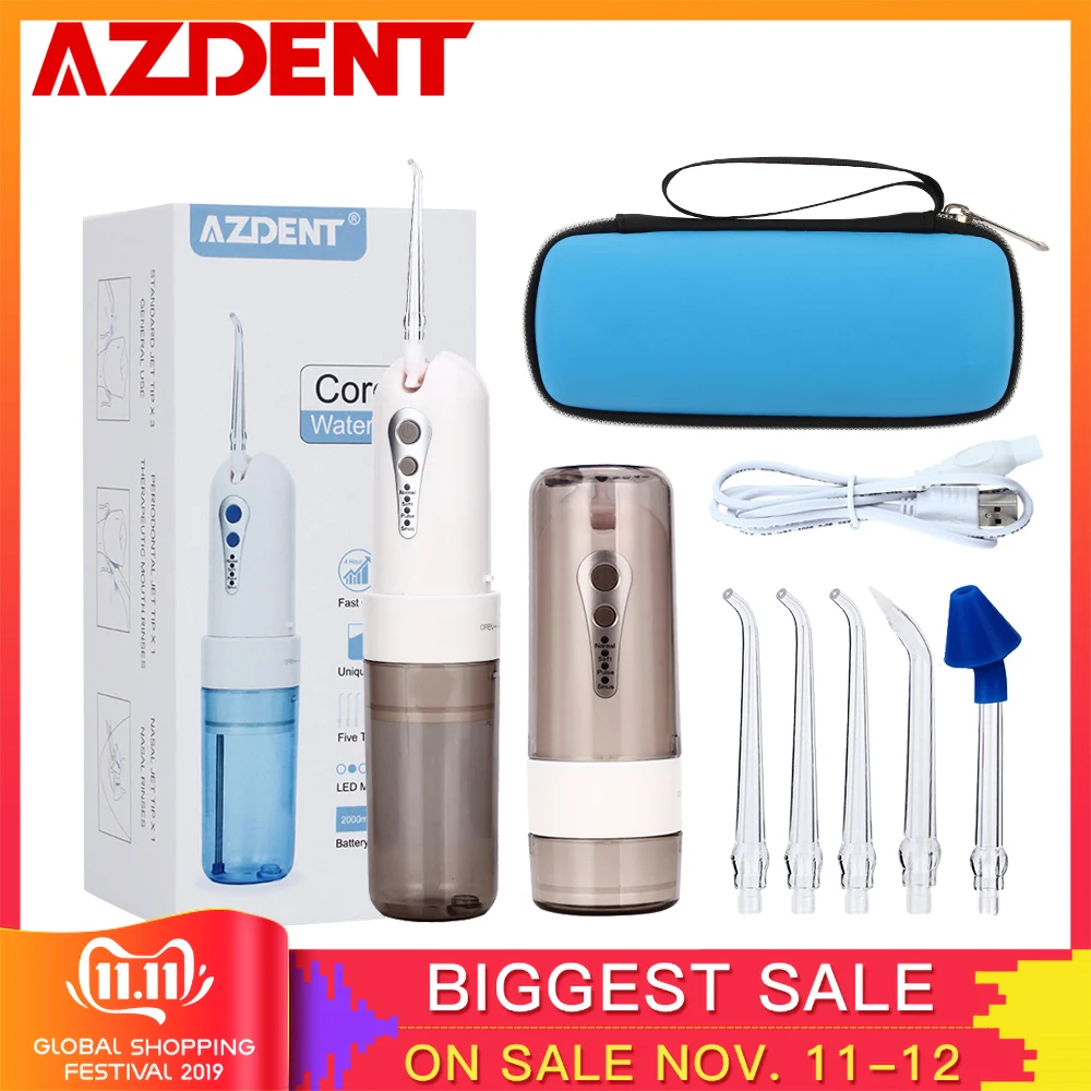 Billig AZDENT Cordless Oral Irrigator Tragbare Wasser Dental Flosser Mit Reise Fall Akku 4 Modi Nase Sauber 5 Jet Tipps