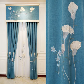 

European and American high-end imitation cashmere embroidery curtains bedroom living room kitchen high-quality custom curtains
