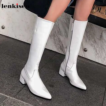 

Lenkisen simple style knight boots genuine leather pointed toe med heels side zipper winter women keep warm thigh high boots L31