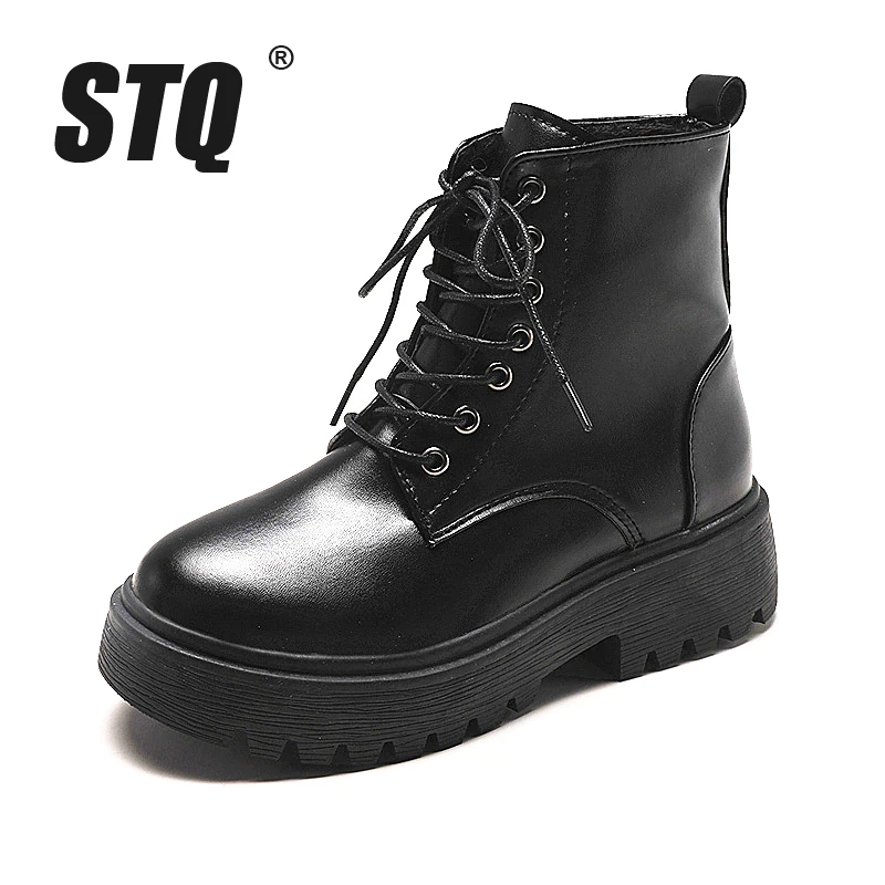 

STQ Winter Women Genuine Leather Boots Mid-Calf Platform Waterproof Snow Boots Ladies Lace-up Winter Snow Boots Shoes J2987
