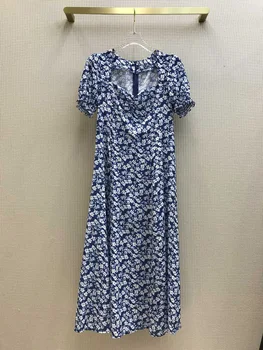 

High Quality Long Dress 2020 Summer Women Luxury Brand French Elegant Wind Waist Split Short Sleeves Casual Print Floral Dresses