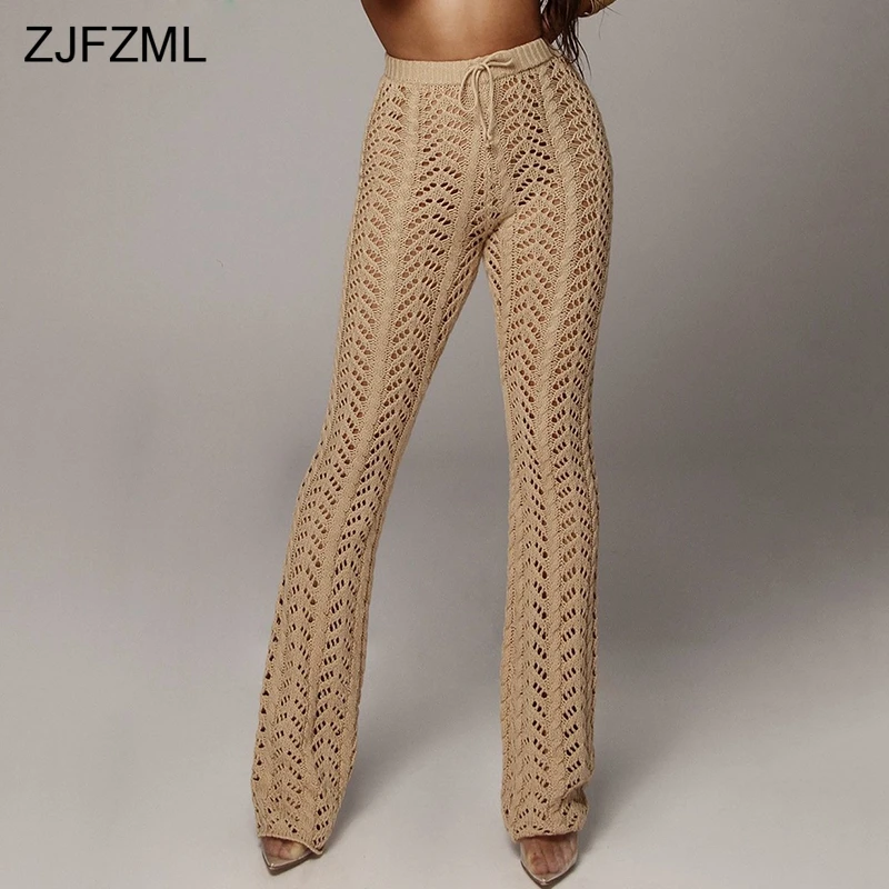 Однотонные вязаные крючком пляжные брюки ZJFZML женские трикотажные с высокой