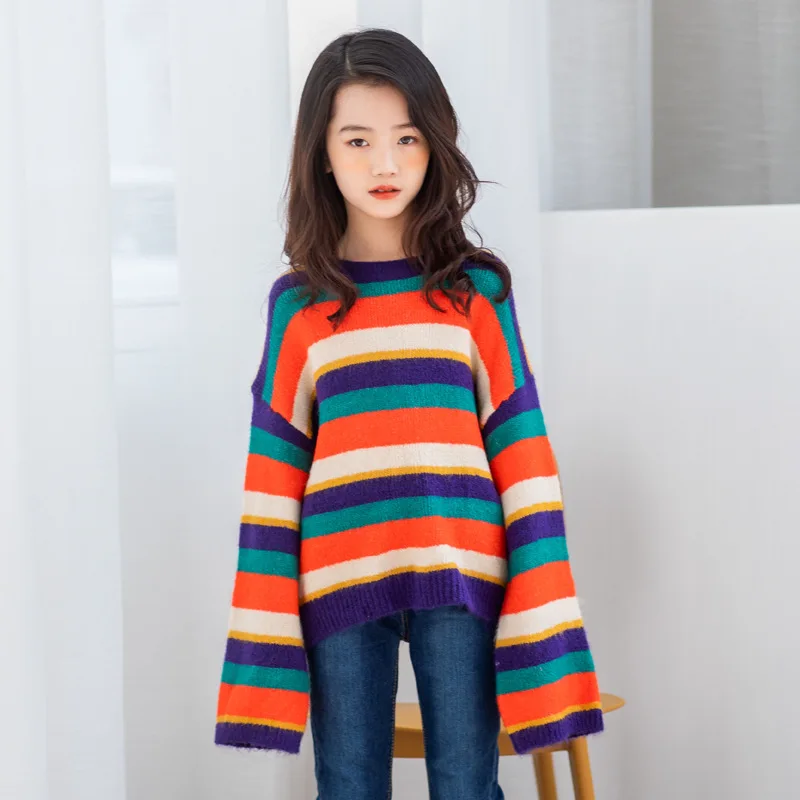 sweaters Модные свитера для девочек-подростков; коллекция года; хлопковые пуловеры в разноцветную полоску; детская одежда; свитер с круглым вырезом и длинными рукавами; топы - Цвет: sweaters