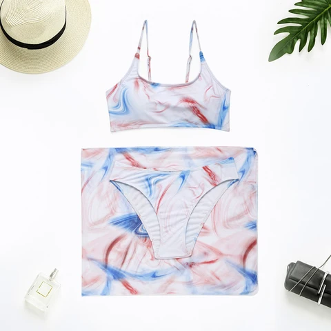 Print Three Pieces Bikini Set With Sarong Swimwear Women Swimsuit Female 2021 New Bikini Bather Bathing Suits Beach Wear