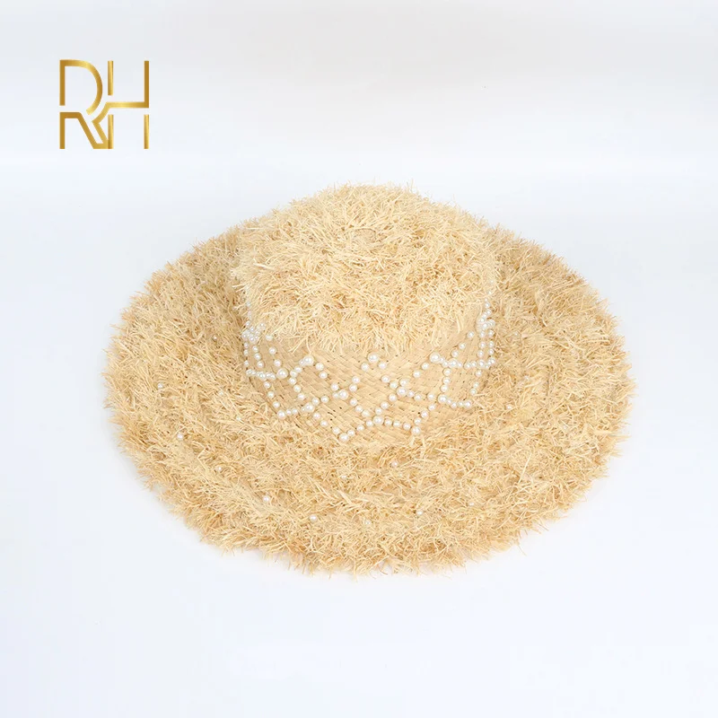 RH INS,, новые летние пляжные кепки с козырьком, рафия, фетровая соломенная шляпа с жемчужным декором для женщин, для путешествий