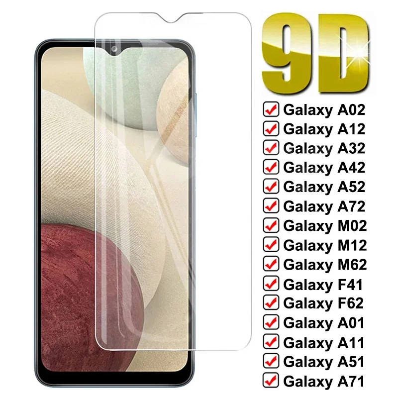 9D protectora de cristal para Samsung Galaxy A02 A12 A32 A42 A52 A72 F41 F62 de templado de vidrio de M02 M12 M62 A01 A51 A71 película de vidrio caso