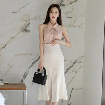 

Women's Skirt Suit Korean Fashion Summer Sleeveless Pink Shirt and White High Waist Midi Skirt Casual Female Clothing Sets