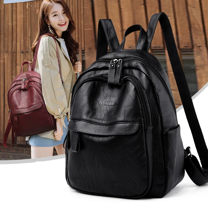

Women's Backpack Handbag Leather Female Bag Large Capacity Waterproof Black Rucksack Womens Small Shoulder Bags