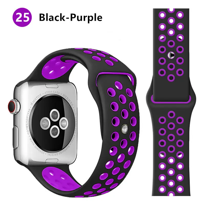Спортивный ремешок для apple watch, ремешок 44 мм, 40 мм, iWatch, ремешок 42 мм, 38 мм, силиконовый ремешок для наручных часов, браслет для apple watch 5, 4, 3, 2, 1, 44, 42 мм - Цвет ремешка: black-purple
