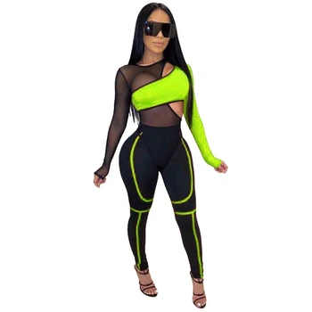

Mesh Sexy 2 Piece Set Women Tracksuit 2020 Patchwork Bodysuit Top and Pants Sweat Suits Women 2 Piece Club Outfits Matching Sets