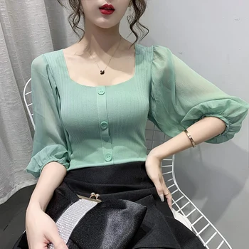 

puff sleeved chiffon women blouse 2020 summer new summer new square collar solid slim lady elegant pulls outwear tops