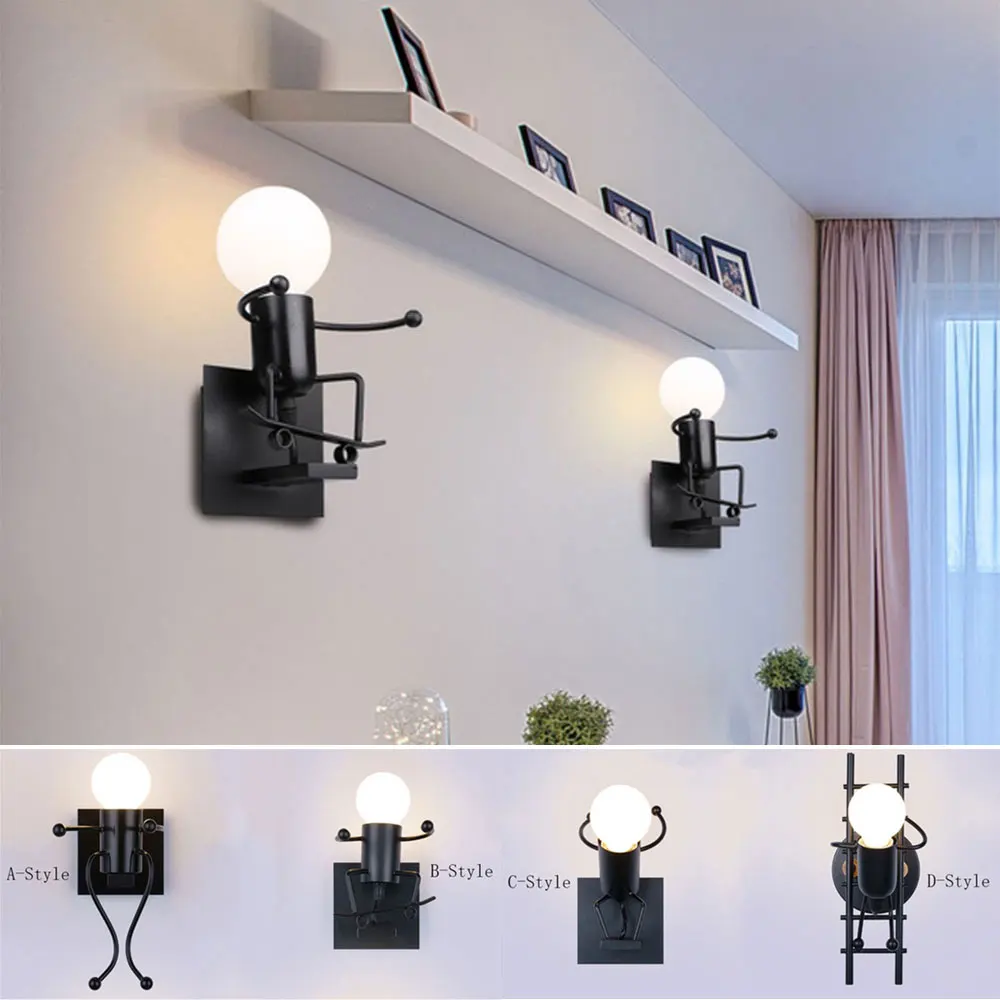 Cartoon Creative Wall Lamp Iron Little Man Wall Light Kids Room Children Room Sconces Wall Lights LED E27 Home Decor Lamp holder garden wall lights