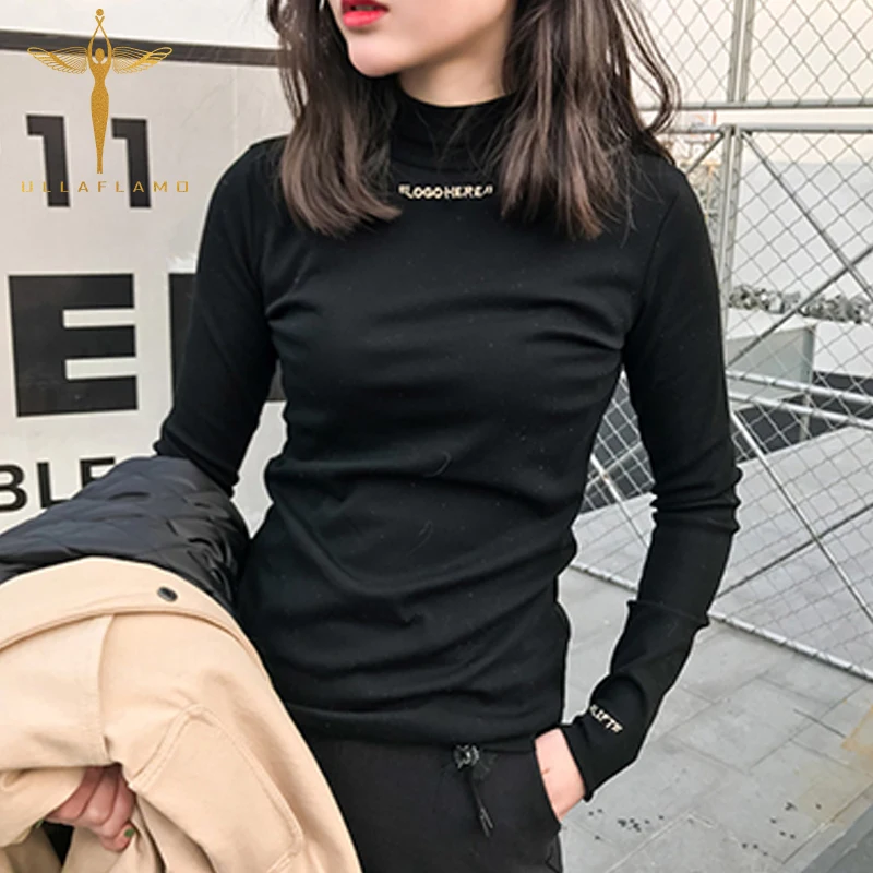 

Autumn Slim Turtleneck Women's T-shirt Simple Large Size Shirt Letters Embroidered Slim Student Solid Color Long Sleeve T-shirt