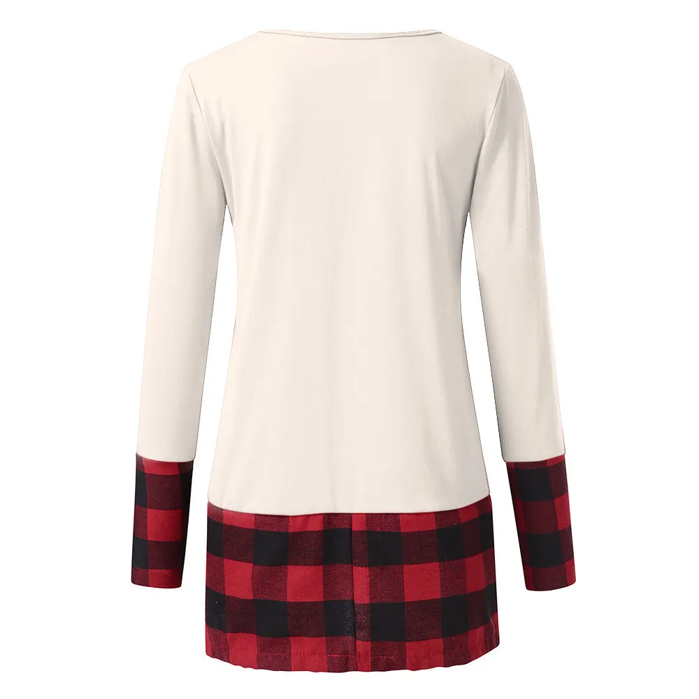 Харадзюку, женская футболка и топ, рождественские топы, в клетку, с длинным рукавом, милая туника с круглым вырезом, рубашка размера плюс S-5XL, футболка